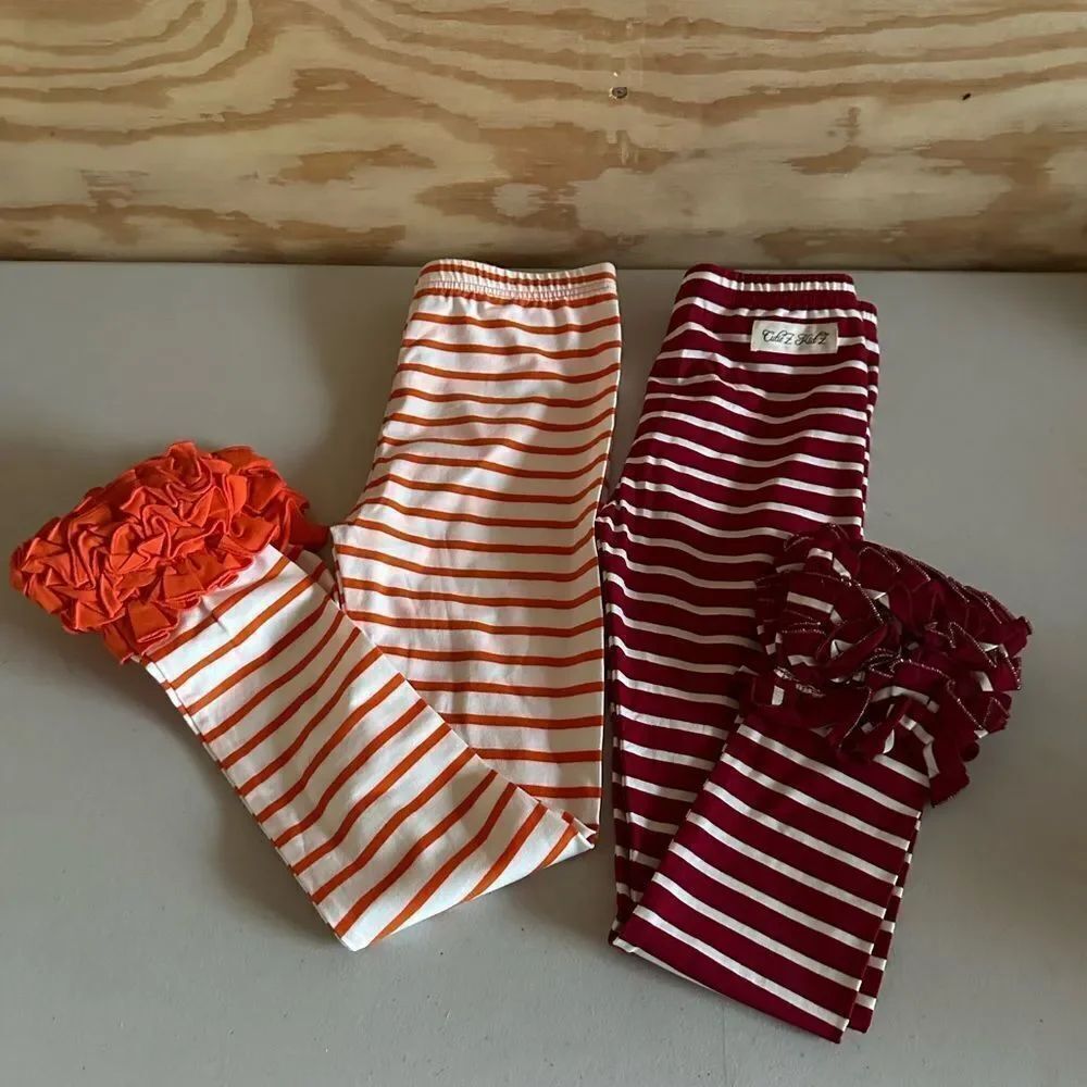 2 pair of Striped Leggings Set in Orange and Burgundy